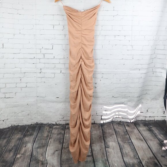ZARA TAN STRAPLESS SPECIAL EDITION RUCHED BODYCON MIDI DRESS SIZE MEDIUM NWT - Picture 1 of 9